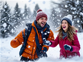 冬季雪地打雪仗欧美情侣图片